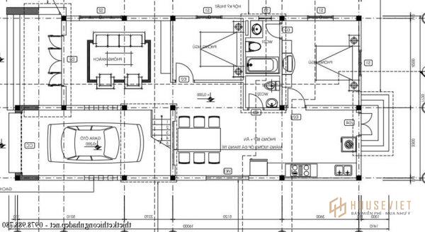 Mặt bằng tầng 1 nhà phố 2 tầng 7.6x16m