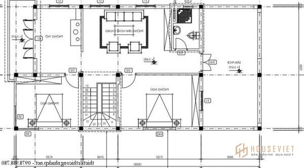 Bản vẽ mặt bằng tầng 2 nhà phố 2 tầng 7,6x16m