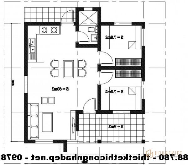 Bản vẽ mặt bằng nhà cấp 4 8x8m.  mái bằng