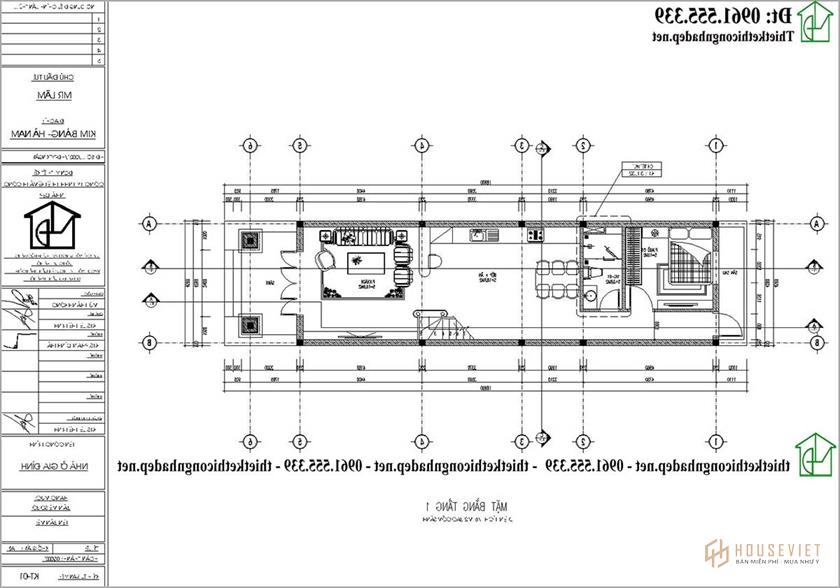 Bản vẽ mặt bằng tầng 1 nhà ống 2 tầng có gác lửng 4,5x15m NDNP2T35