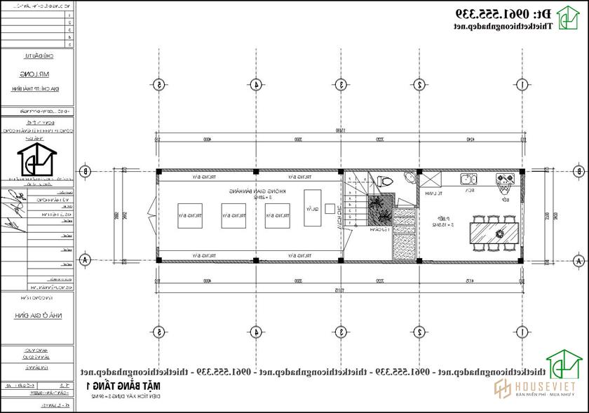Mặt bằng tầng 1 mẫu thiết kế nhà ống 4 tầng 4x15m tại Hải Dương NDNP4T14