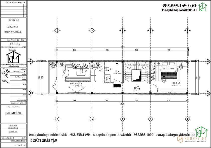 Mặt bằng tầng 2 mẫu thiết kế nhà ống 4x15m 4x15m tại Hải Dương NDNP4T14