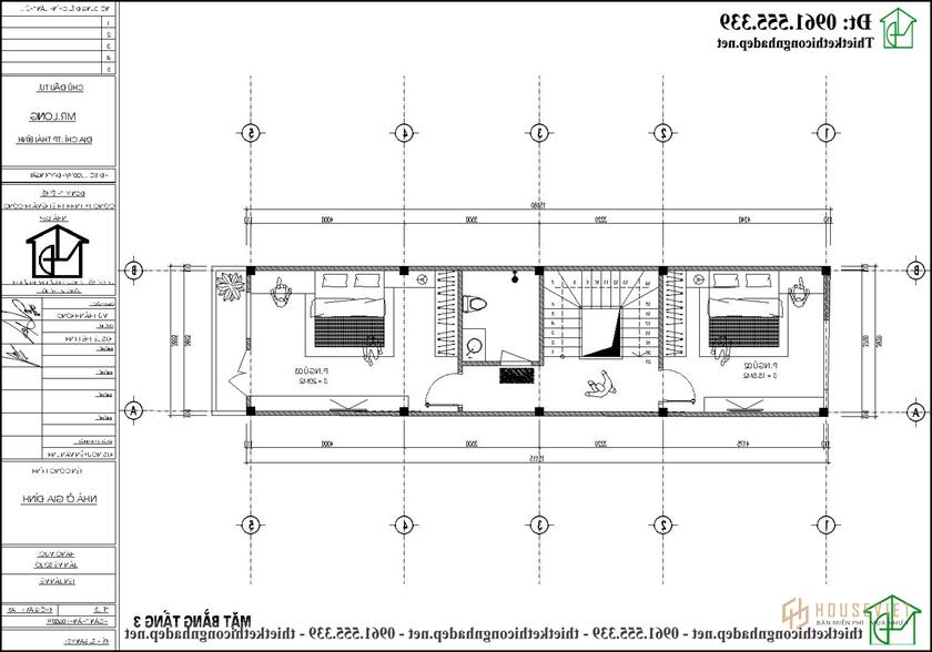 Mặt bằng tầng 3 mẫu thiết kế nhà ống 4 tầng 4x15m tại Hải Dương NDNP4T14