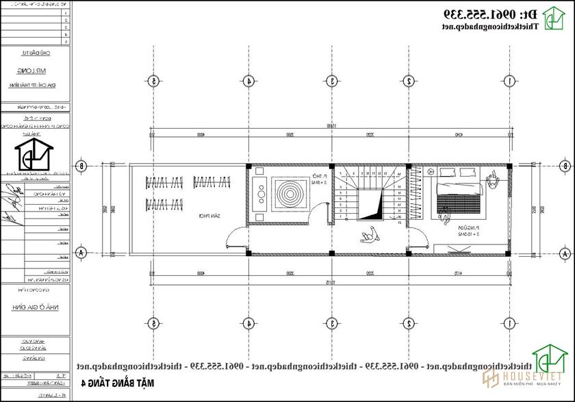 Mặt bằng tầng 4 mẫu thiết kế nhà ống 4 tầng 4x15m tại Hải Dương NDNP4T14