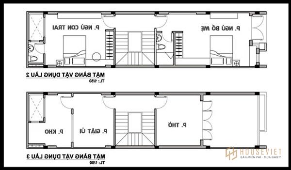 Bản vẽ thiết kế nhà 5x10 2 phòng ngủ 1 phòng sinh hoạt chung