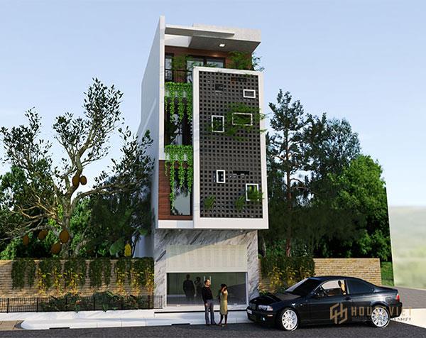 Phối cảnh nhà phố 3 tầng mặt tiền 5m có thể tạo được điểm nhấn.  Tạo lỗ và màu xanh lam tự nhiên tạo điểm nhấn hiệu quả