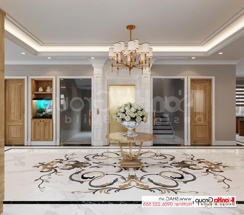 Thiết kế sáng tạo của biệt thự tân cổ điển 4 tầng tại Sài Gòn – SH BTP 0163 22 Hành lang tầng 1 thiết kế biệt thự tân cổ điển 4 tầng đẹp sang trọng