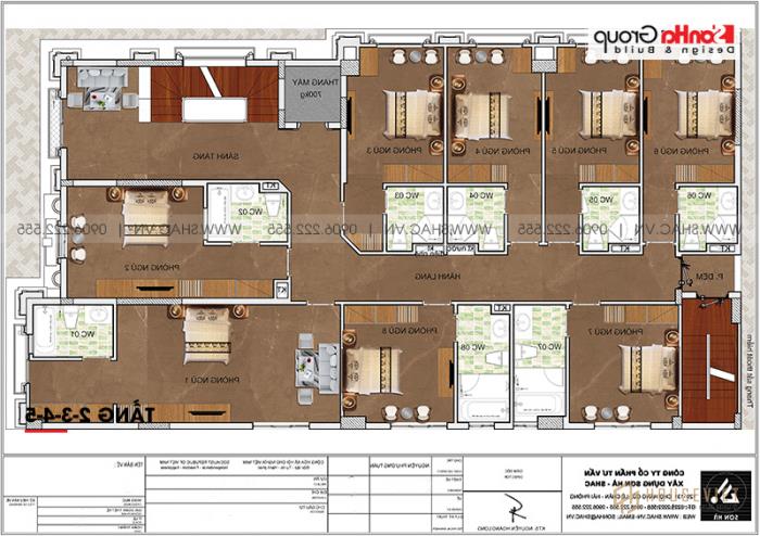 Mặt bằng công năng từ tầng 2 đến tầng 5 của khách sạn tân cổ điển 3 sao tại Phú Quốc 