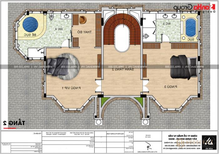 Thiết kế biệt thự lâu đài diện tích 165m 4 tầng 1 hầm 1 tum tại Hà Nội – SH BTLD 0039 13 Bản vẽ mặt bằng công năng tầng 2 biệt thự lâu đài châu Âu tại Hà Nội
