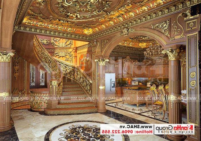 Thiết kế biệt thự lâu đài diện tích 165m 4 tầng 1 hầm 1 tum tại Hà Nội – SH BTLD 0039 21 Sảnh thang tầng 1 của ngôi biệt thự lâu đài 4 tầng tại Hà Nội có thiết kế tinh tế đến từng tiểu tiết