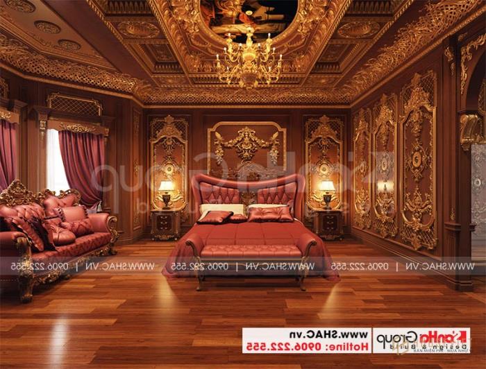 Thiết kế biệt thự lâu đài diện tích 165m 4 tầng 1 hầm 1 tum tại Hà Nội – SH BTLD 0039 22 Thiết kế phòng ngủ với nội thất cổ điển châu Âu sang trọng mang đến không gian riêng tư lý tưởng nhất cho gia chủ
