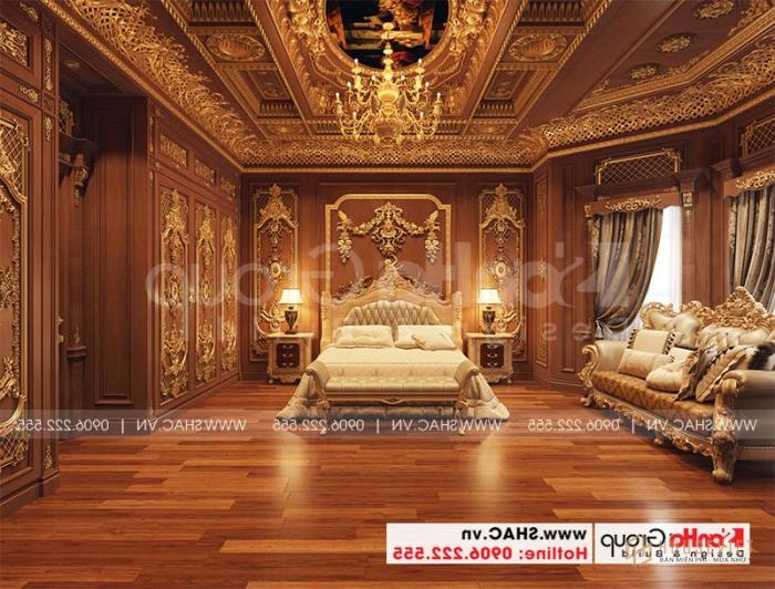 Thiết kế biệt thự lâu đài diện tích 165m 4 tầng 1 hầm 1 tum tại Hà Nội – SH BTLD 0039 26 Không gian phòng ngủ biệt thự lâu đài được thiết kế mang đậm chất pháp cổ điển