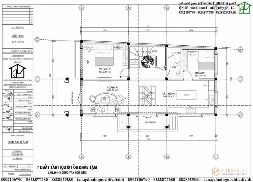 Mặt bằng nội thất tầng 1 công năng 2 phòng ngủ.