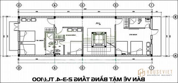 Bản vẽ thiết kế nhà nghỉ tầng 2, 3, 4 với bố cục tương tự