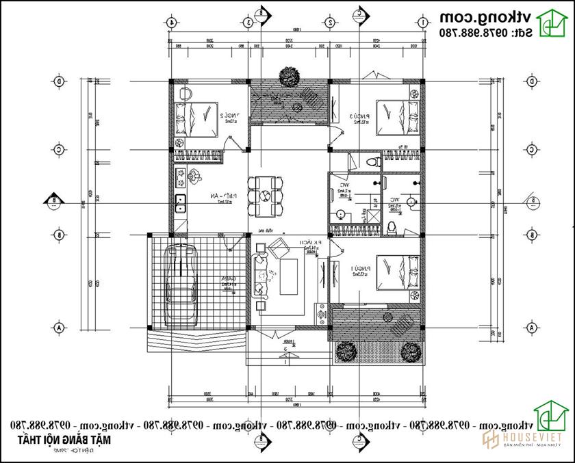 Mẫu Thiết Kế Nhà Cấp 4 Phong Cách Nhật 12x12m Có 3 Phòng Ngủ Nc474