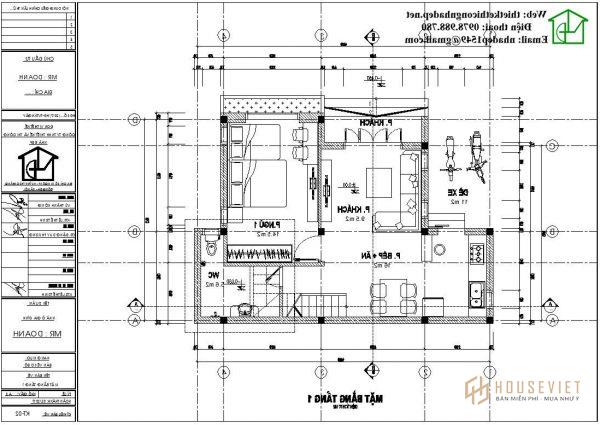 Mặt bằng tầng 1 mẫu nhà cấp 4 mái xéo NDNC451