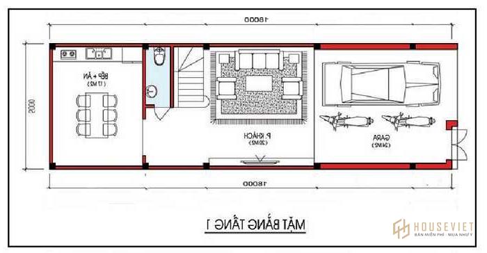 Mẫu nhà 2 tầng 3 phòng ngủ 5x18