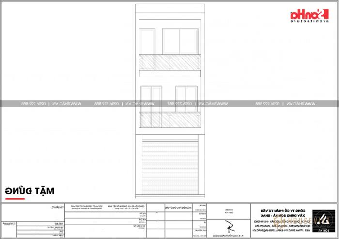 Bản vẽ mặt tiền nhà ống 3 tầng hiện đại có gara ô tô trong nhà 
