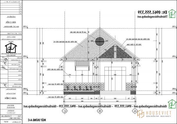 Bản vẽ mặt tiền mẫu nhà cấp 4 mái thái 8x10m NDNC452