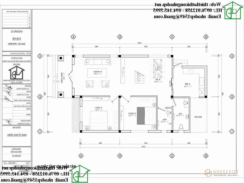 Mặt bằng nội thất tầng 1 mẫu nhà 2 tầng mái thái 8x14m NDBT2T86