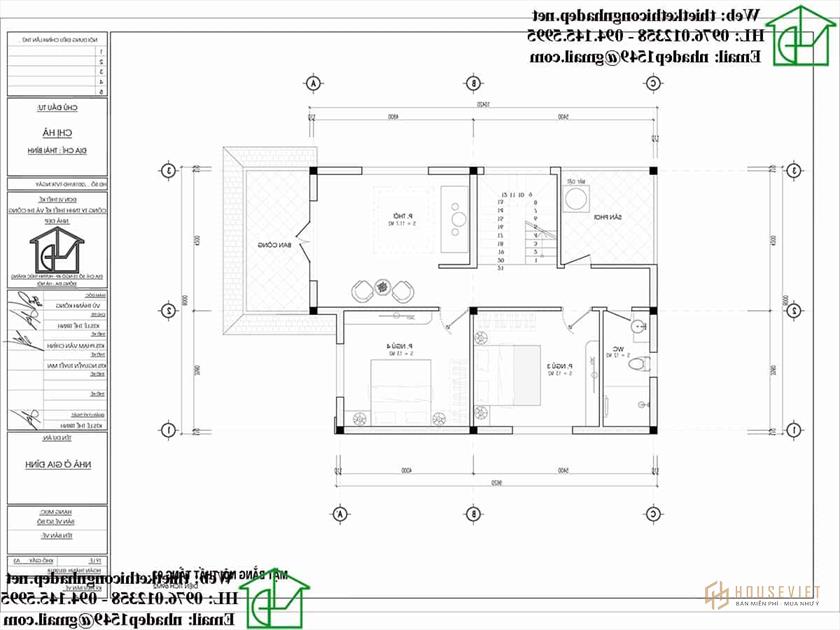 Mặt bằng nội thất tầng 2 của mẫu nhà 2 tầng mái thái 8x14m NDBT2T86