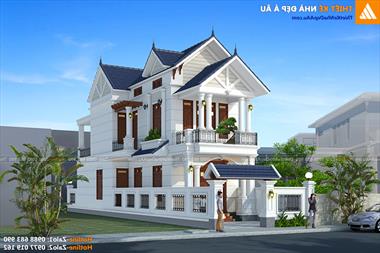 Mẫu nhà phố 2 tầng 1 tum 90m2 mái thái hiện đại