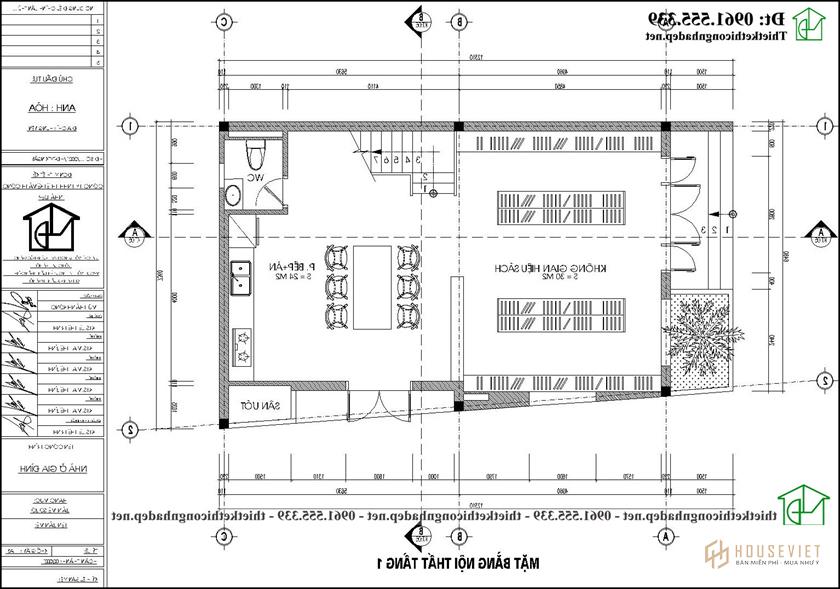 Mặt bằng tầng 1 mẫu thiết kế nhà phố 4 tầng 6,5x12m đẹp NDNP4T15