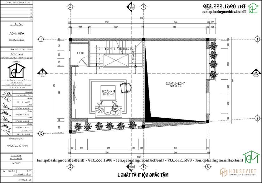 Mặt bằng tầng 2 mẫu thiết kế nhà phố 4 tầng 6,5x12m đẹp NDNP4T15