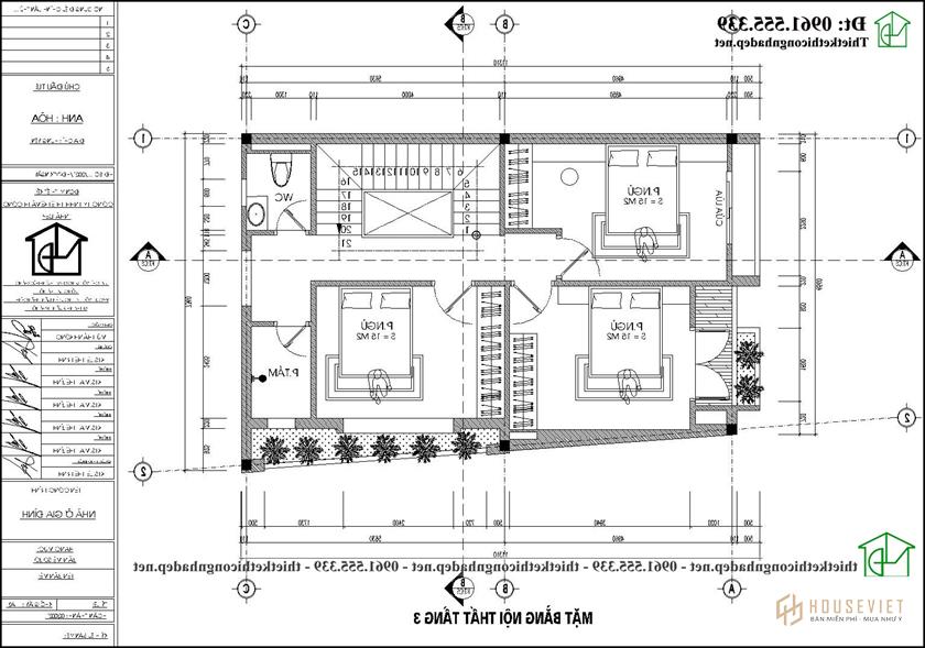 Mặt bằng tầng 3 mẫu thiết kế nhà phố 4 tầng 6,5x12m đẹp NDNP4T15