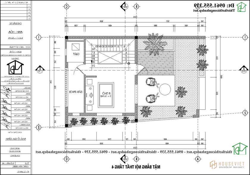 Mặt bằng tầng 4 mẫu thiết kế nhà phố đẹp 4 tầng 6,5x12m NDNP4T15