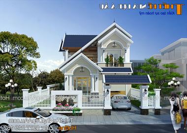 Nhà vuông 2 lầu, mái thái, 3 phòng ngủ, kiến ​​trúc không gian thoáng.