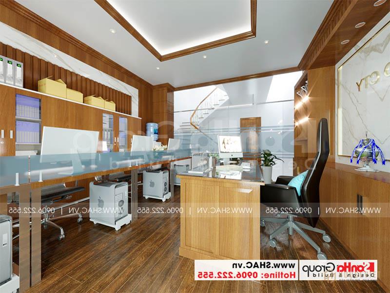Thiết kế nội thất phòng làm việc với bàn ghế gỗ tạo hình đẹp 