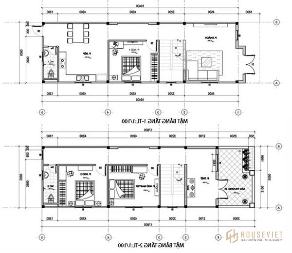 Bản vẽ nhà ống 2 tầng 3 phòng ngủ