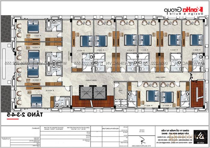 Mẫu thiết kế khách sạn 3 sao tân cổ điển - Mã số: 0078 27 Bản vẽ mặt bằng công năng tầng 2 + 3 + 4 + 5 khách sạn tân cổ điển 3 sao