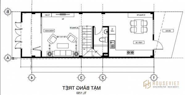 Bản vẽ thiết kế nhà phố 3 tầng với mặt bằng tầng 1 là khu bếp ăn, các phòng chức năng khác