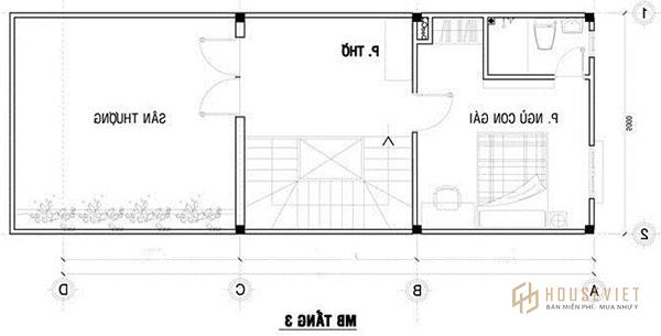 Mẫu thiết kế nhà 3 tầng 50m2 với tầng 3 là phòng ngủ, sân phơi.
