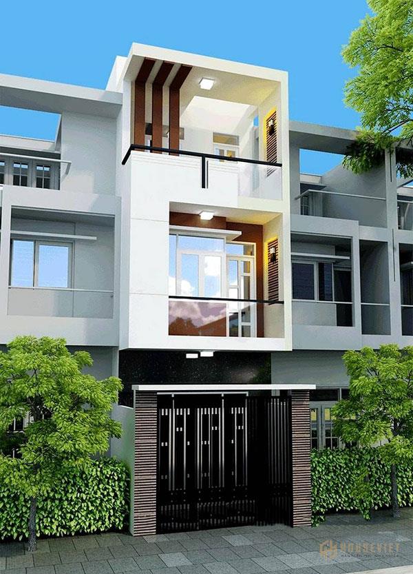 Mẫu nhà 3 tầng mặt tiền 5m với tầng trệt sử dụng gam màu khác so với 2, 3