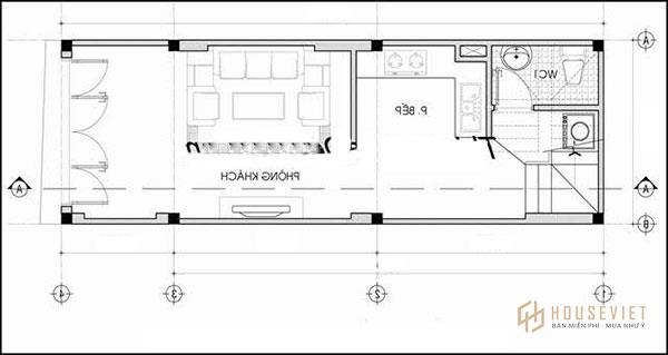 Tầng 1 mẫu thiết kế nhà 3 tầng 50m2 gồm phòng bếp và phòng khách rộng rãi giúp nâng cao nhu cầu sinh hoạt và hiệu quả sử dụng.