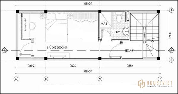Mẫu thiết kế nhà 50m2 có phòng vệ sinh được bố trí đều ở các tầng tạo sự thuận tiện cho gia chủ.