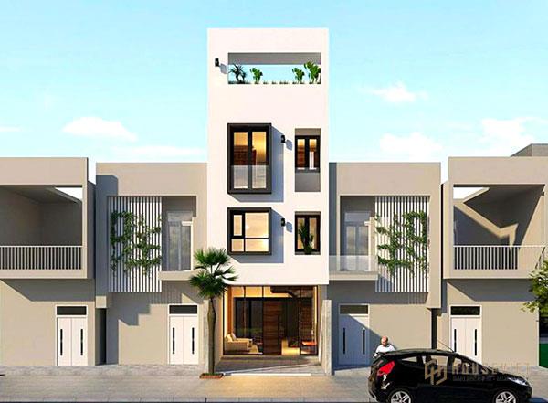 Mẫu thiết kế nhà 3 tầng 50m2 có các ô cửa lớn ở các tầng chức năng.