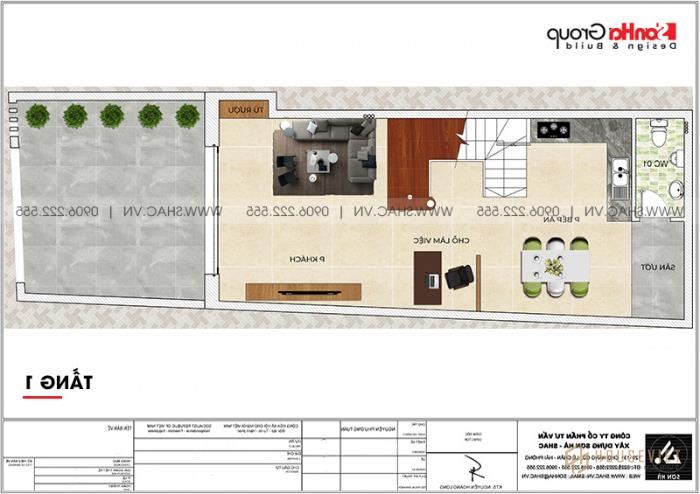 Mẫu nhà 3 phòng ngủ hiện đại 5,57x18,21m tại Hải Phòng đơn giản mà đẹp - SH NOD 0129 17 Mặt bằng công năng tầng 1 mẫu nhà ống 3 tầng hiện đại tại Hải Phòng