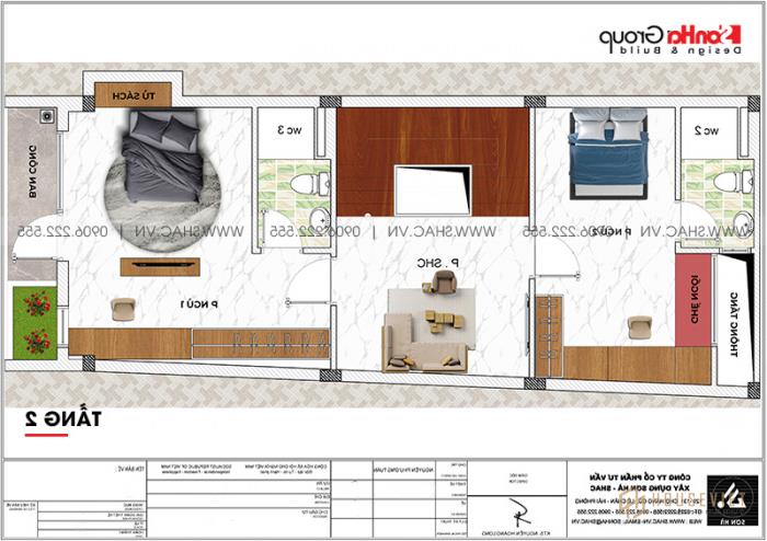 Mẫu nhà 3 phòng ngủ hiện đại 5,57x18,21m tại Hải Phòng đơn giản mà đẹp - SH NOD 0129 18 Công năng mặt bằng tầng 2 nhà ống 3 tầng hiện đại tại Hải Phòng