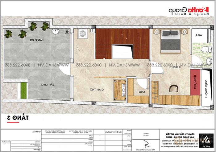 Mẫu nhà 3 phòng ngủ hiện đại 5,57x18,21m tại Hải Phòng đơn giản mà đẹp - SH NOD 0129 19 Mặt bằng công năng tầng 3 mẫu nhà ống 3 tầng hiện đại tại Hải Phòng