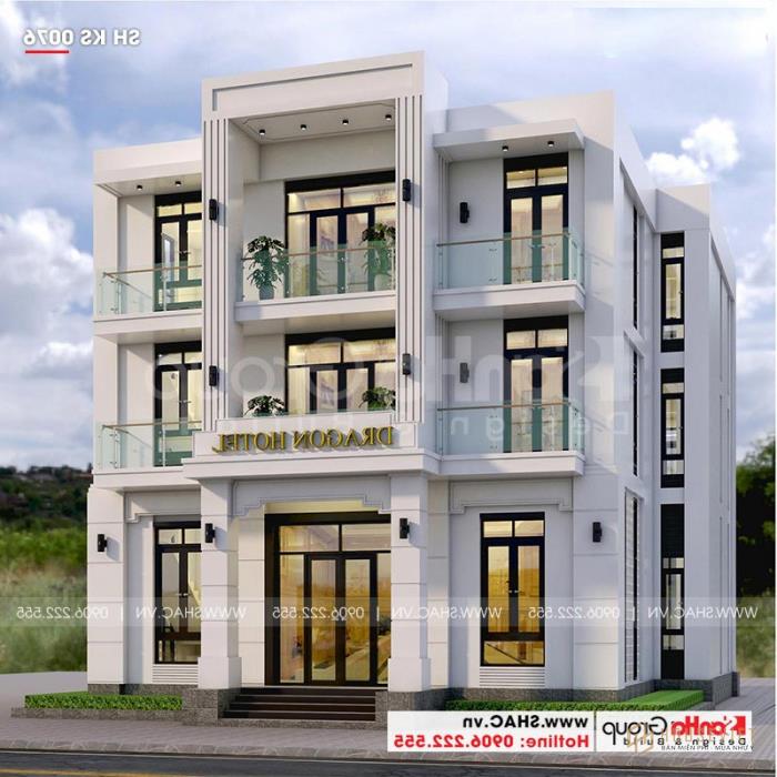 Mẫu thiết kế khách sạn mini 3 tầng mặt tiền 14m - SH KS 0076