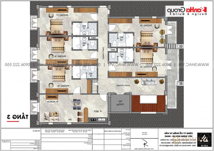 Mặt bằng công năng tầng 3 khách sạn 2 sao hiện đại tại Quảng Ninh 