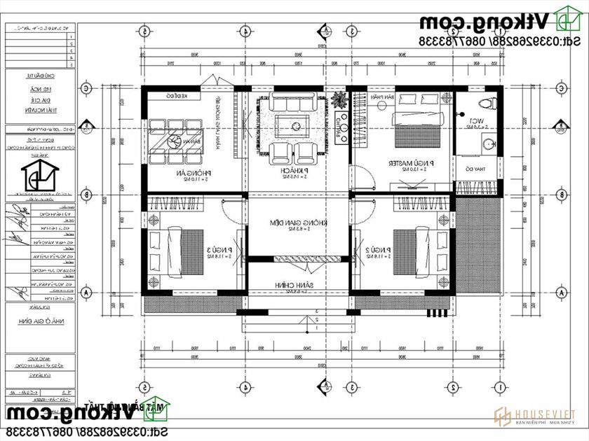 Mặt bằng bố trí nội thất của mẫu nhà cấp 4 mái thái.