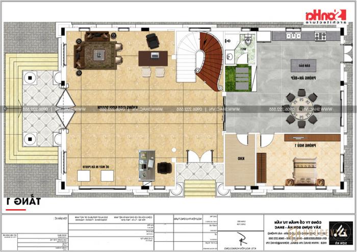 Bản vẽ chi tiết mặt bằng công năng tầng 1 biệt thự tân cổ điển diện tích 199m2. 