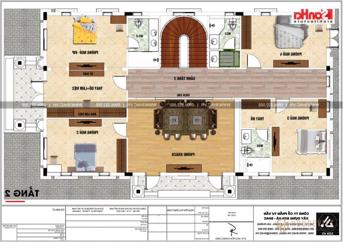 Bản vẽ chi tiết mặt bằng công năng tầng 2 biệt thự tân cổ điển diện tích 199m2. 