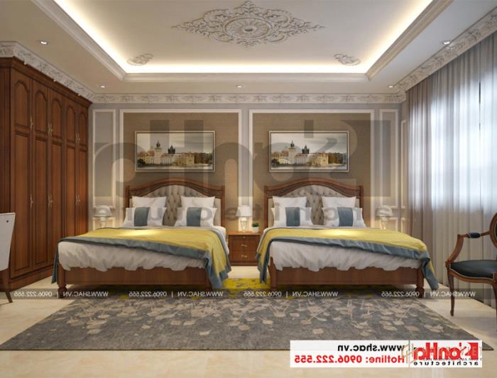 Interior design of a 2-bed bedroom with a more sophisticated decoration 