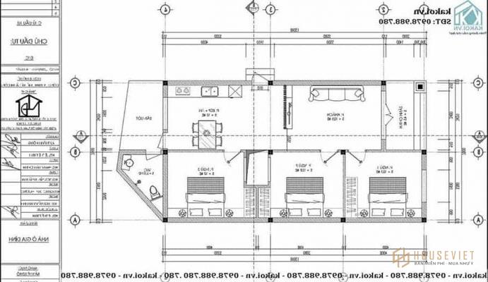 Mặt bằng công năng mẫu nhà ống cấp 4 mái xéo 7x13m KKNC4035